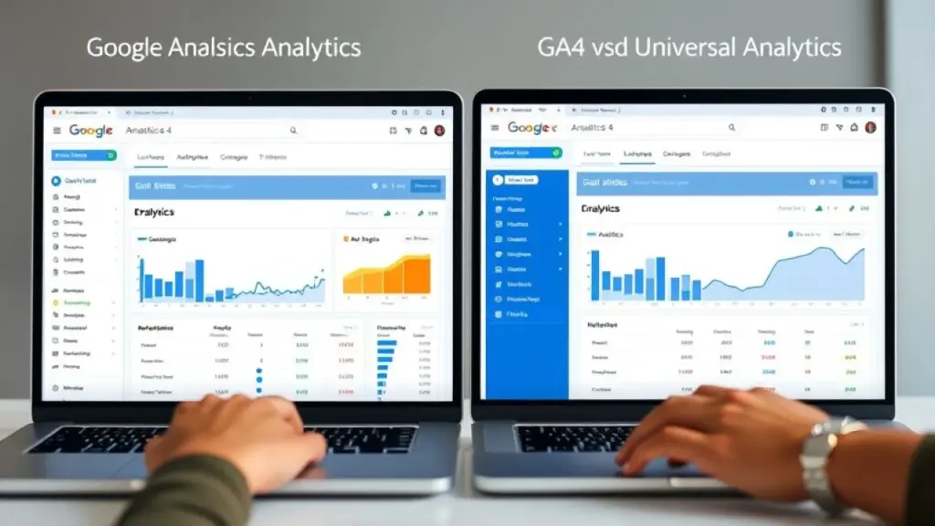 Comparativo entre as interfaces do GA4 e Universal Analytics.