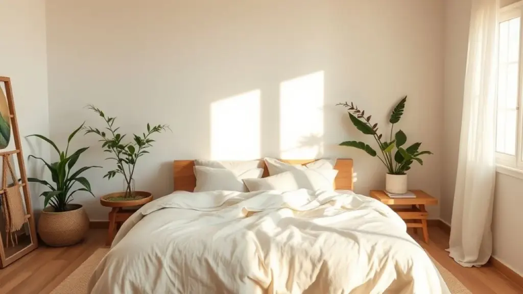 Cozy and simple Brazilian couple's bedroom, neutral color palette, soft natural light, minimalist Quarto de casal simples e aconchegante com decoração minimalista e cores neutras.