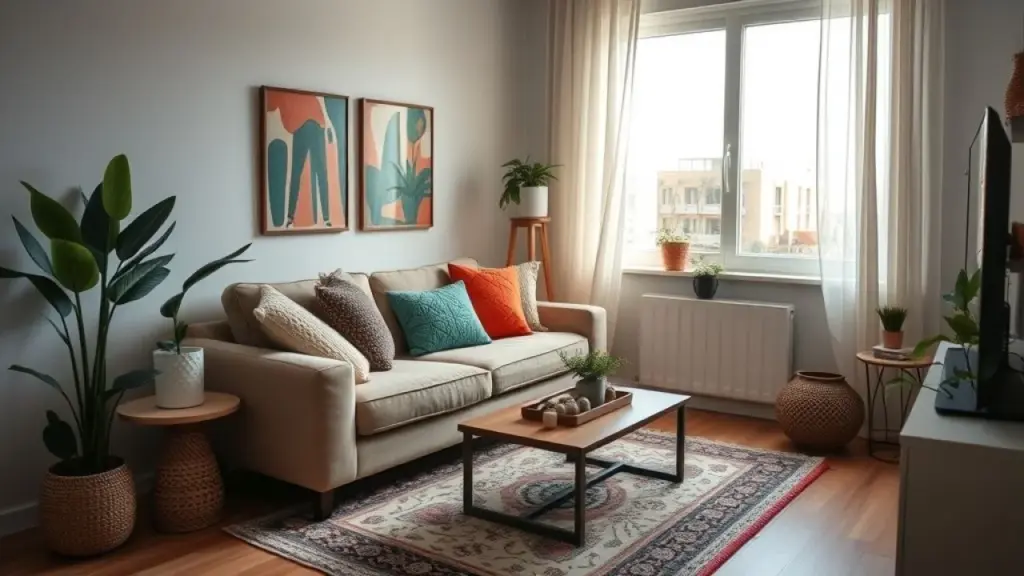Cozy and stylish small living room in a Brazilian apartment, featuring a comfortable sofa, colorful Sala pequena decorada com estilo, sofá confortável, almofadas coloridas e tapete estampado.