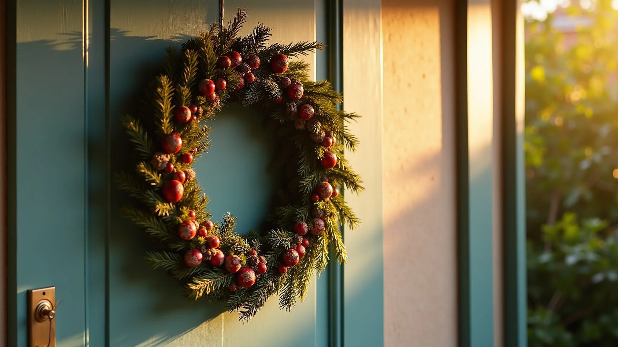 Guirlanda de Natal criativa DIY com elementos naturais na porta de entrada.