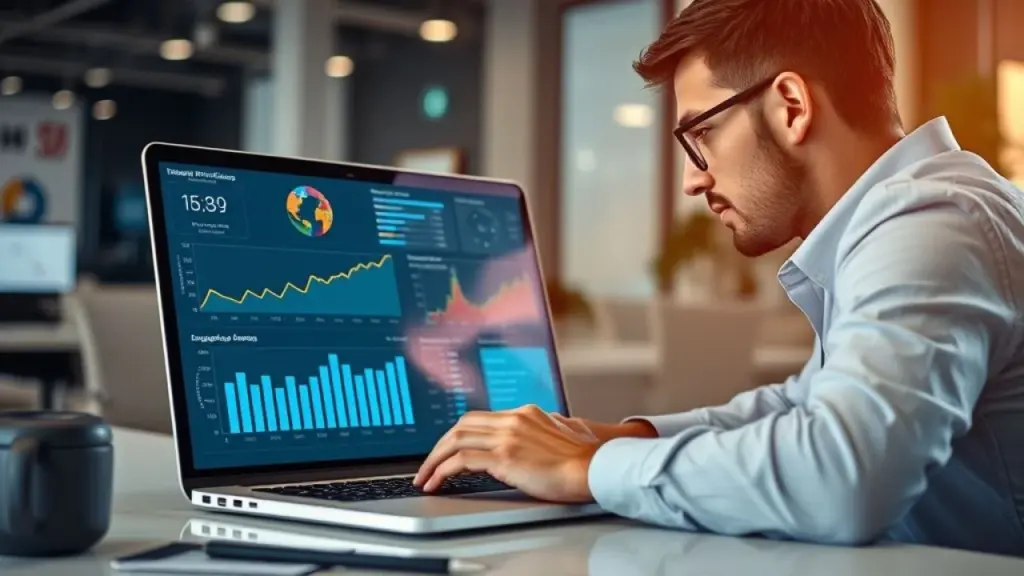 Analista brasileiro monitorando resultados de campanha de marketing.