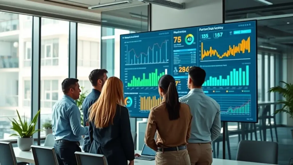 Equipe analisando dados CAC em escritório moderno no Brasil.
