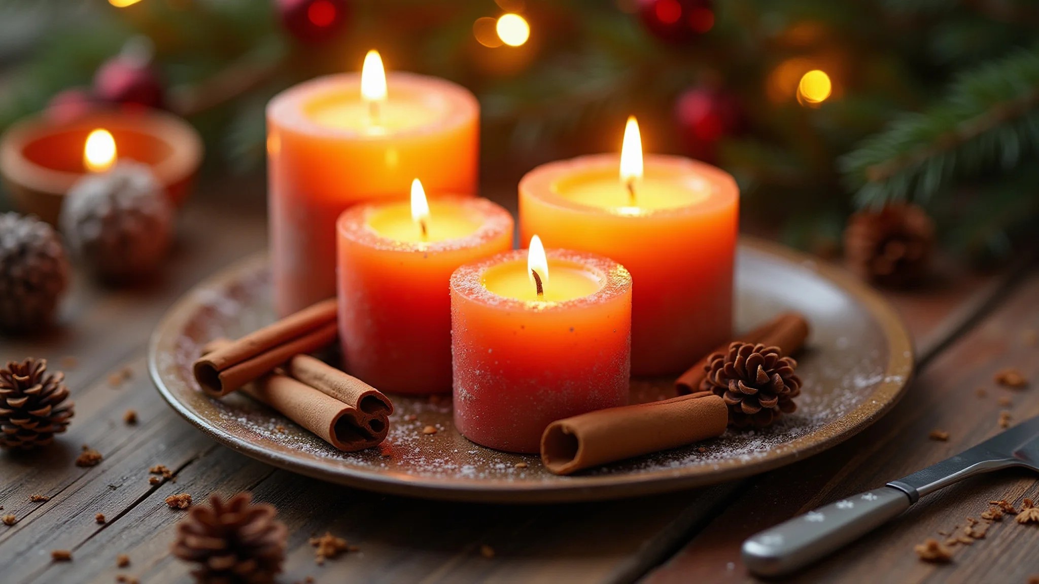 Velas de Natal decoradas DIY com canela, luz quente, mesa brasileira.