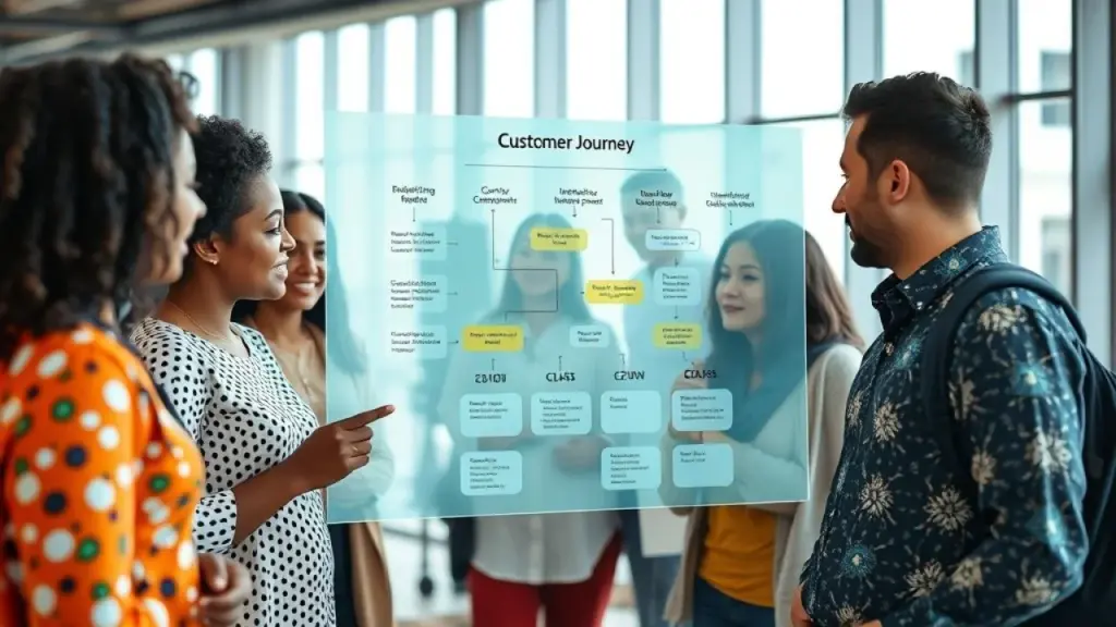 Consumidores brasileiros interagindo com mapa da jornada do cliente em tela touch.
