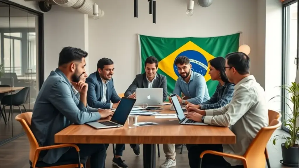 Grupo diverso de empreendedores brasileiros reunidos em coworking. Laptops, estratégia e nota fiscal.