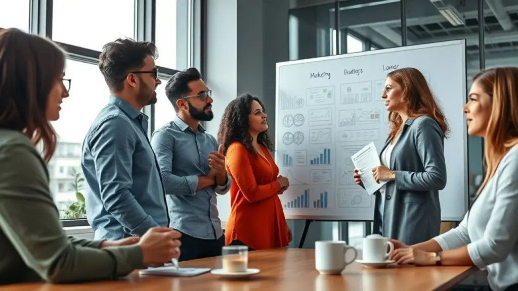 Equipe brasileira diversa planejando estratégias de marketing digital