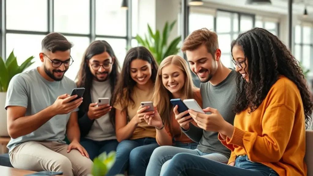Jovens brasileiros diversos usando smartphones em um espaço de coworking.