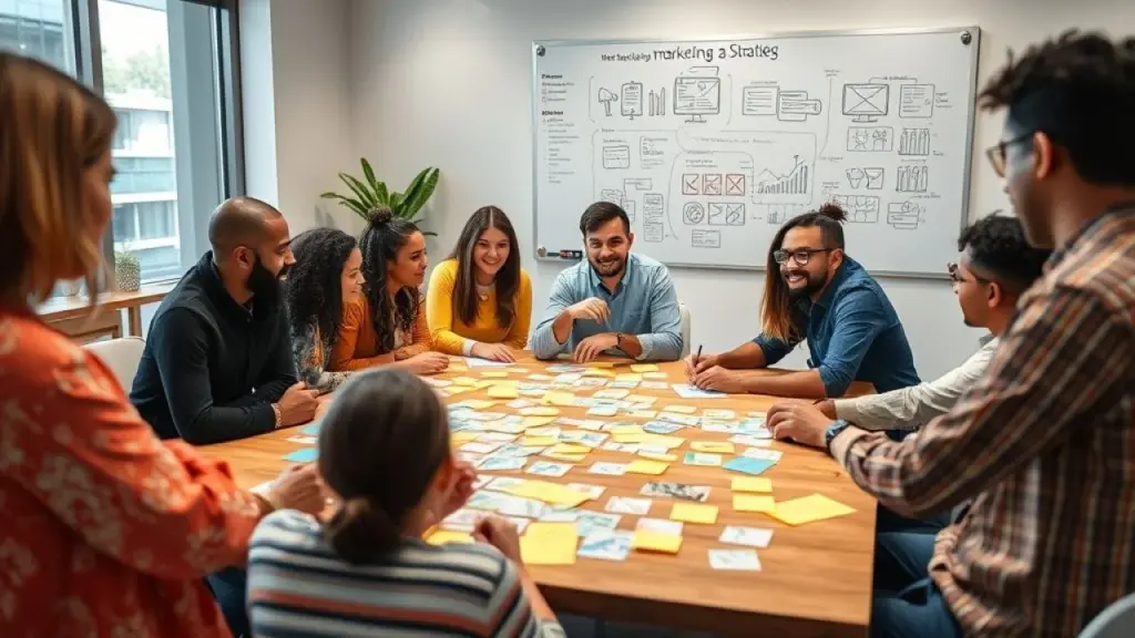 Equipe diversa brainstorming em escritório moderno no Brasil.