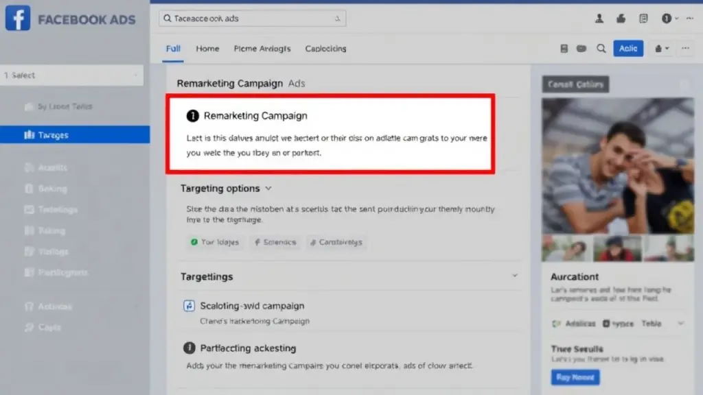 Interface do Facebook Ads com configurações de remarketing.