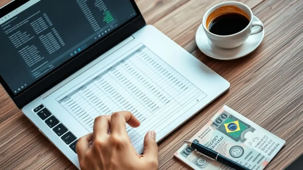 Inserindo dados financeiros em planilha no laptop para organizar contabilidade.