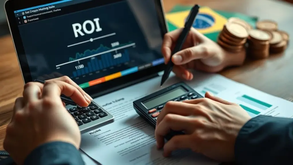 Calculando ROI de campanha de marketing com calculadora e laptop.
