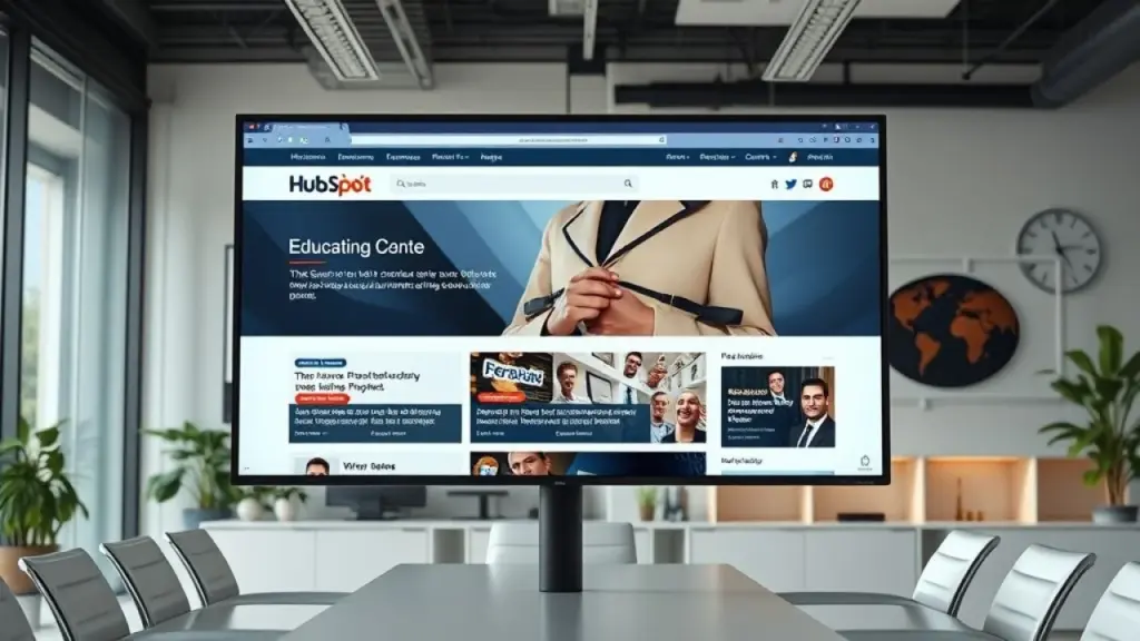 Página inicial do site da HubSpot exibida em monitor em escritório brasileiro.
