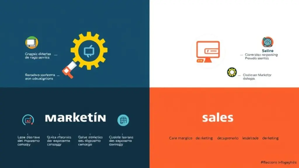 Infográfico comparando Marketing e Vendas: Foco, Público, Objetivo.