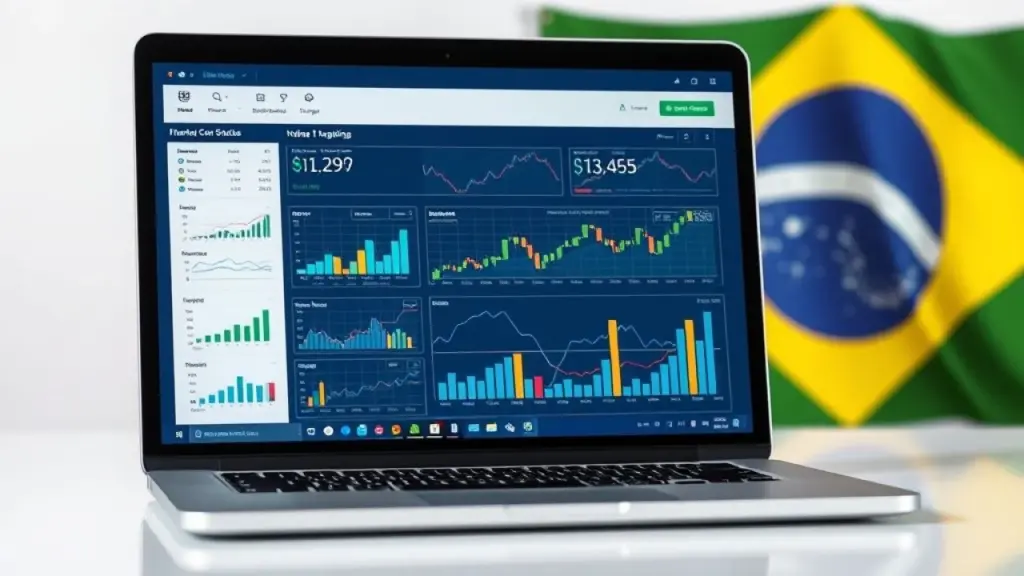 Gráficos financeiros em tela de laptop com a bandeira do Brasil ao fundo, consultoria online.