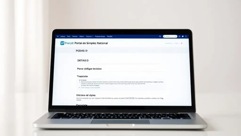 Tela de laptop mostrando o Portal do Simples Nacional com opções PGDAS-D e DEFIS.