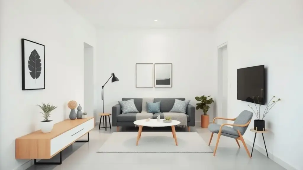 Minimalist small living room with neutral colors, clean lines, and functional furniture. White Sala minimalista com cores neutras, linhas limpas e móveis funcionais em apartamento brasileiro.