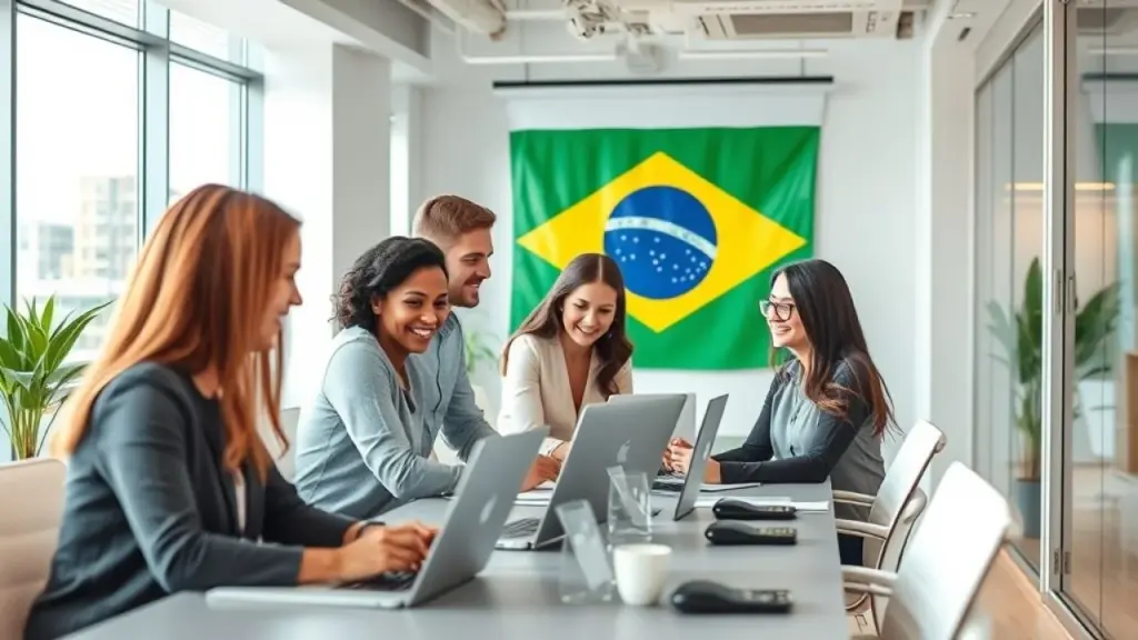 Equipe diversa trabalhando em escritório de contabilidade terceirizada no Brasil.