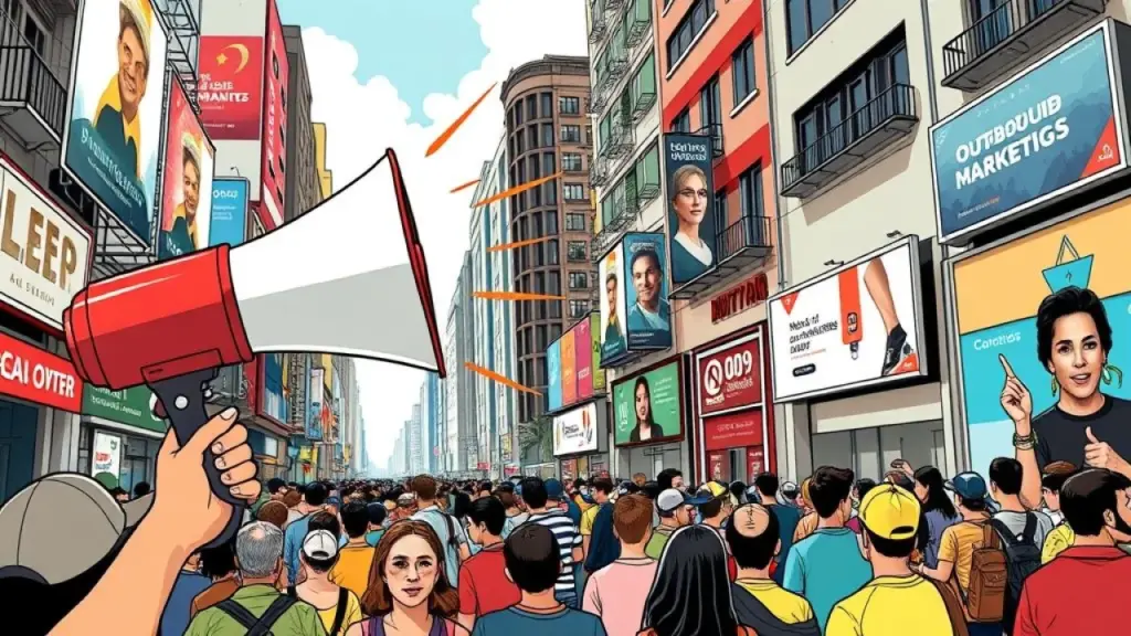 Mega-fone divulgando mensagem em rua movimentada, Outbound Marketing.
