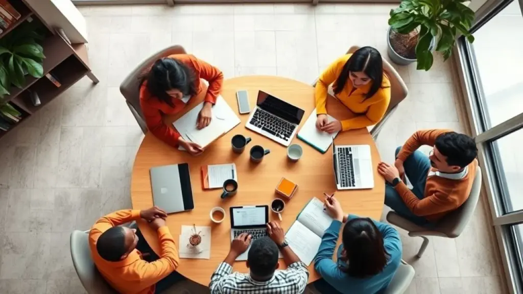 Grupo diverso de empreendedores brasileiros em brainstorming. Marketing para pequenas empresas.
