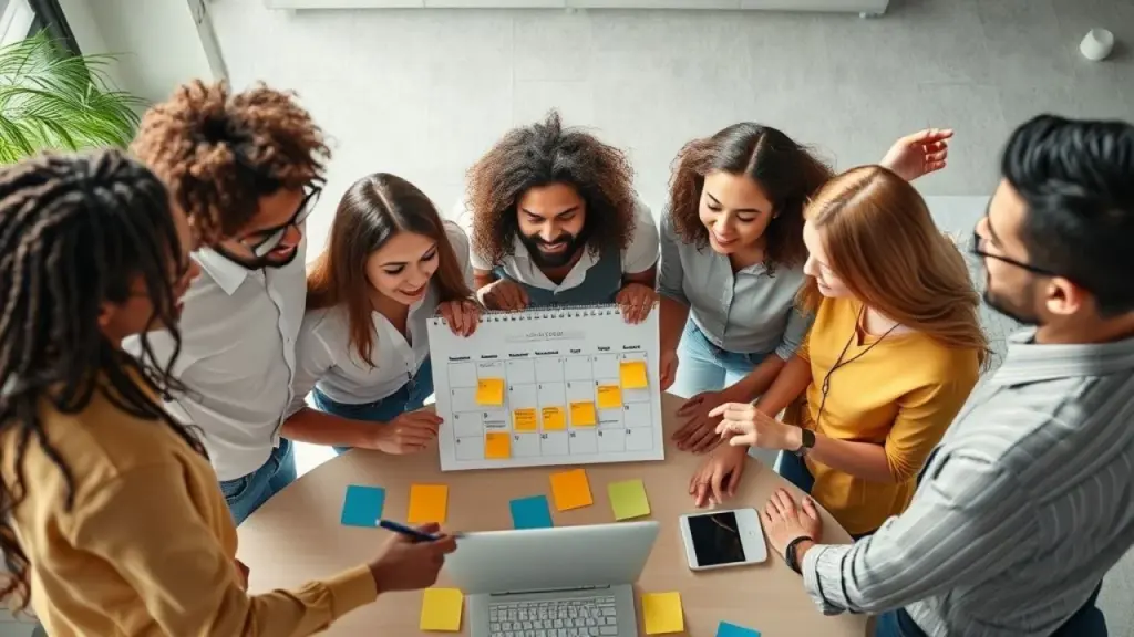 Equipe brasileira criando calendário editorial de redes sociais em escritório moderno.