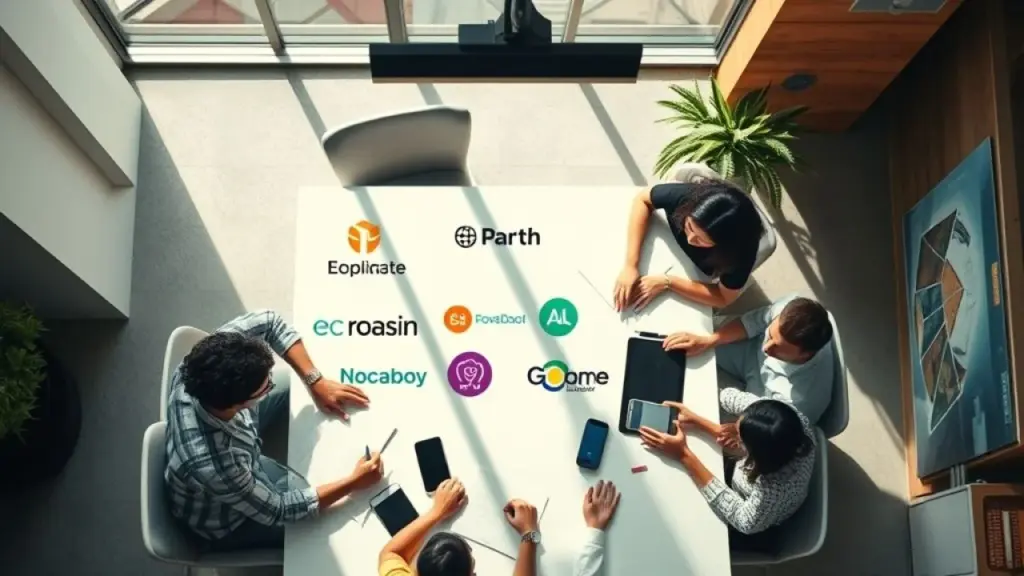 Equipe diversa brasileira colaborando em estratégia de brand awareness
