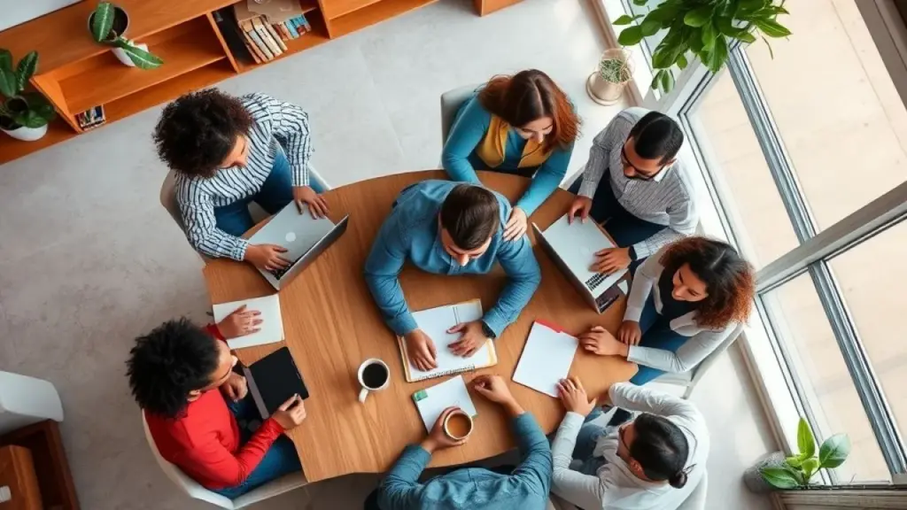 Overhead shot of a diverse group of Brazilians collaborating on copywriting, surrounded by laptops, Grupo diverso de brasileiros trabalhando em copywriting em espaço de coworking.