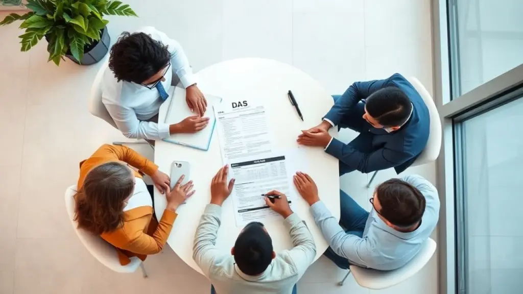 Equipe diversa analisando documentos fiscais do Simples Nacional em escritório moderno brasileiro.