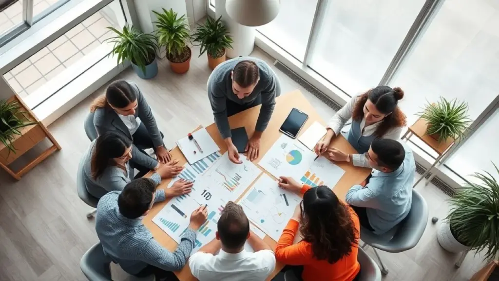 Equipe diversa analisando gráficos de marketing em escritório brasileiro.