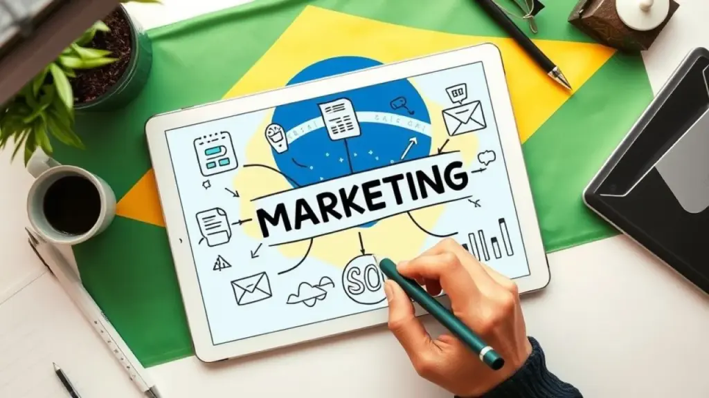 Plano de marketing digital em tablet com ícones de mídias sociais e SEO