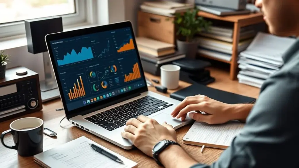 Análise de dados de clientes em laptop no Brasil.