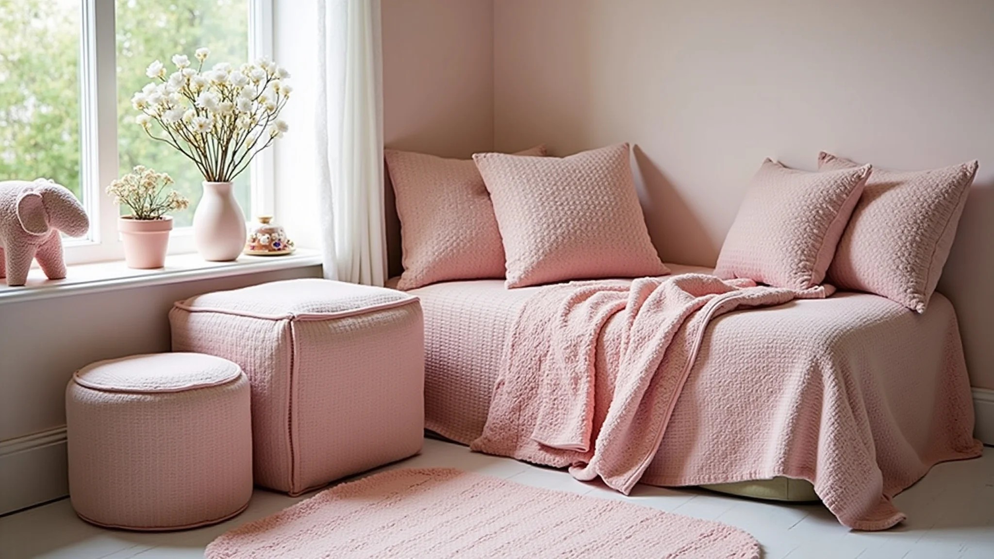 Arranjo de têxteis rosa, almofadas, mantas e tapete em quarto infantil aconchegante.