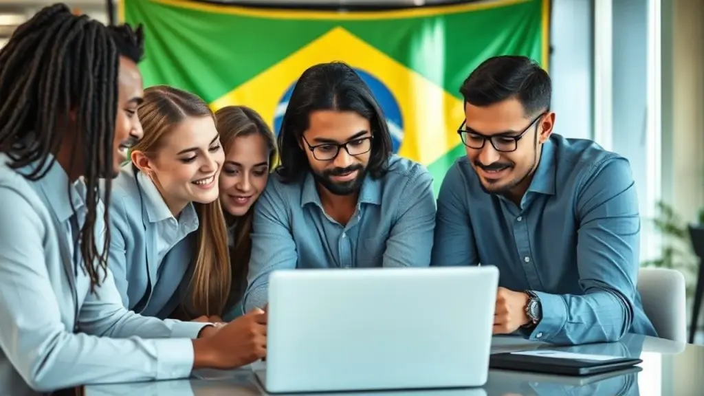 Equipe de contadores auxiliando microempresa brasileira.