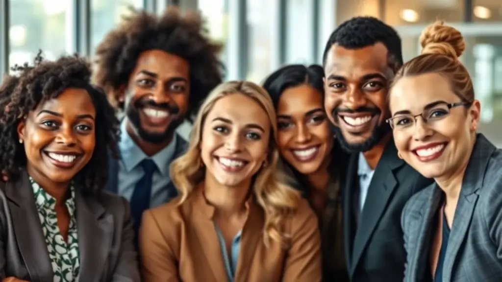 Profissionais B2B diversos sorrindo em escritório moderno no Brasil