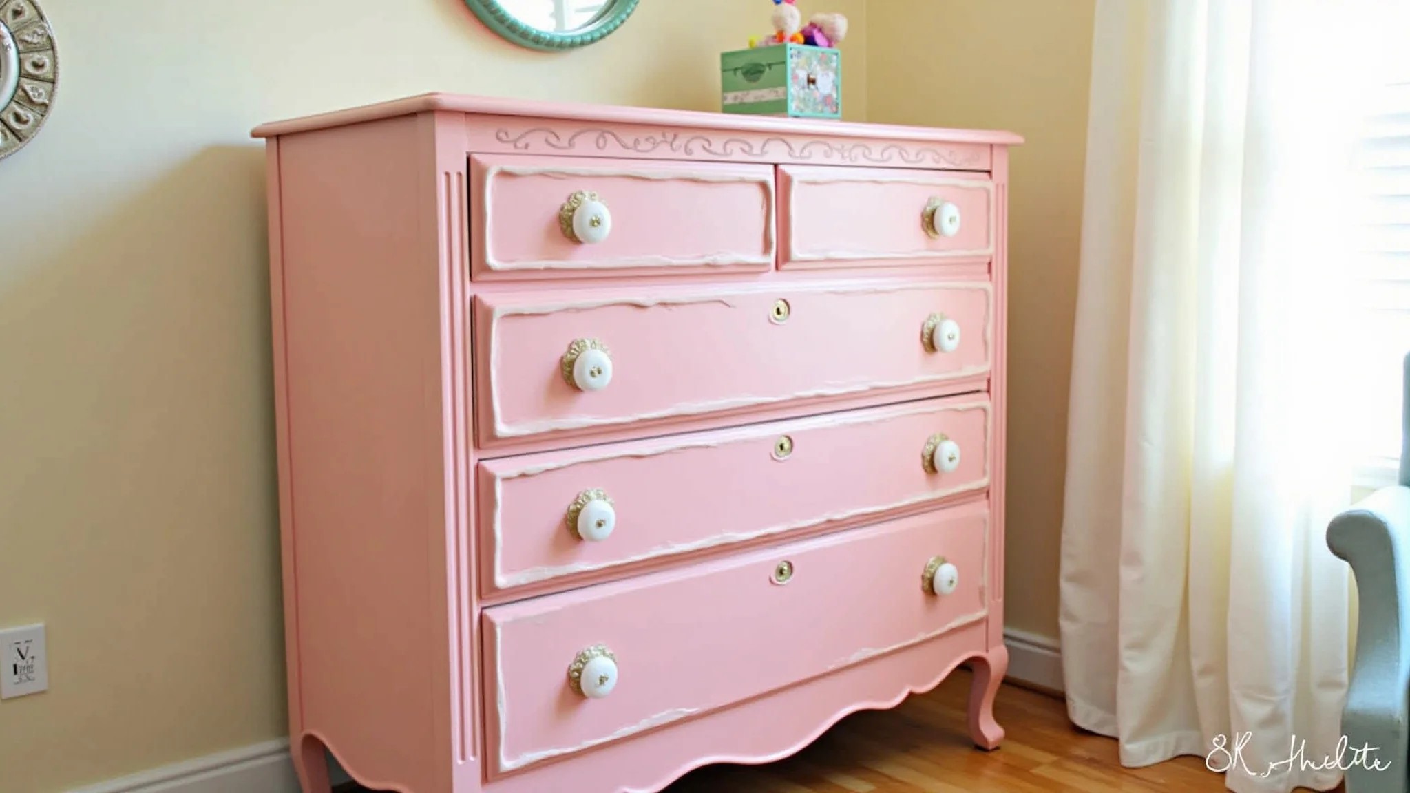 Cômoda vintage repaginada com pintura rosa e novos puxadores em quarto infantil.
