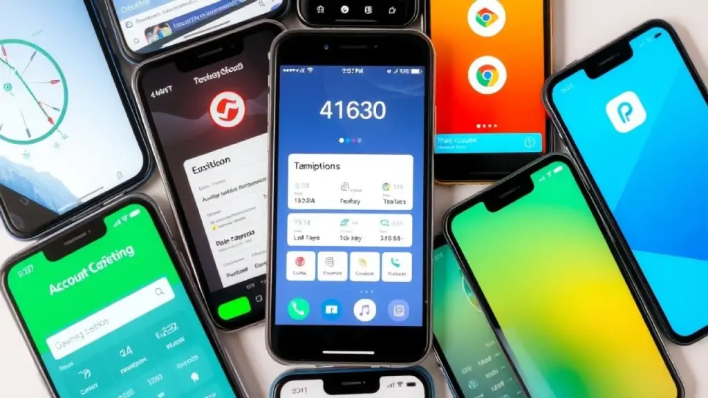 Telas de celulares mostrando diferentes aplicativos de software de contabilidade gratuitos em português.