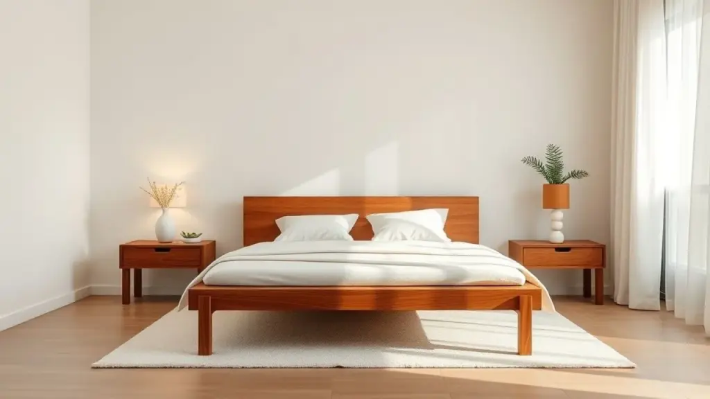Simple Brazilian bedroom featuring a wooden bed frame, minimalist bedside tables, and sheer Quarto de casal simples com cama de madeira, criado-mudo minimalista e cortinas leves.