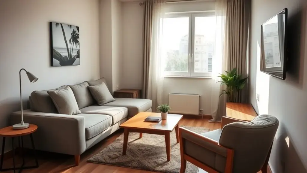 Small living room with a comfortable corner sofa, wooden coffee table, and a TV panel. Natural Sala pequena com sofá de canto, mesa de centro de madeira e painel de TV.