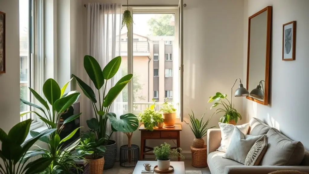 Small living room with a variety of plants, decorative objects, and a large mirror. Natural light Sala pequena com plantas, objetos decorativos e espelho grande, iluminada por luz natural.