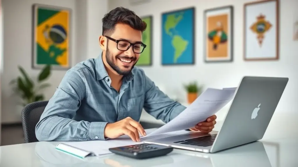 Pequena empresária brasileira sorrindo, analisando documentos financeiros em escritório. Notas fiscais, organização e sucesso.