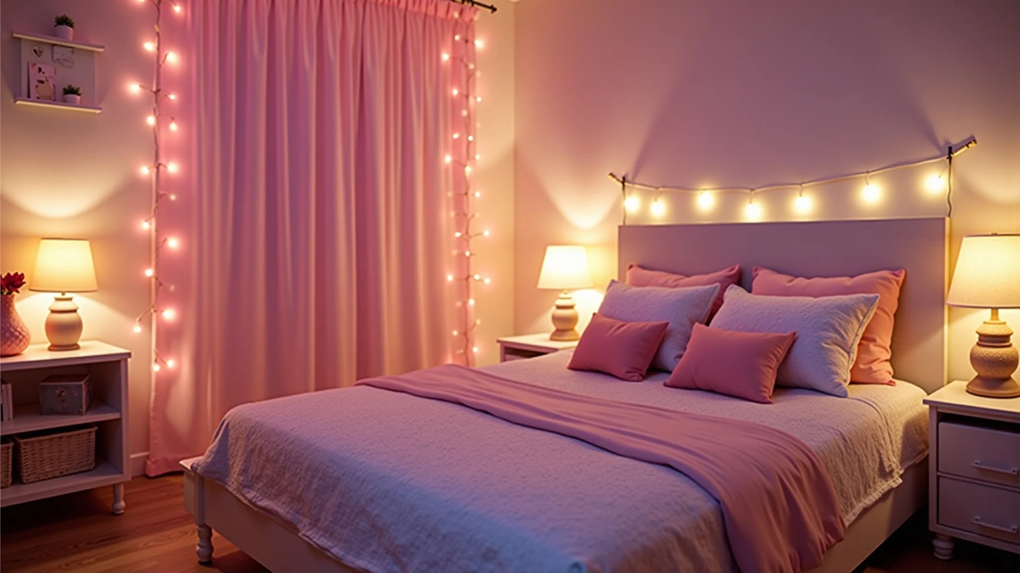 Iluminação rosa suave em quarto infantil, luminárias e luzes criando ambiente acolhedor.