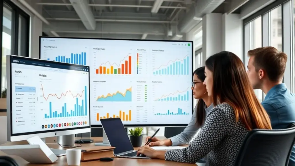 Dashboard com métricas de Inbound e Outbound. Equipe analisando dados.
