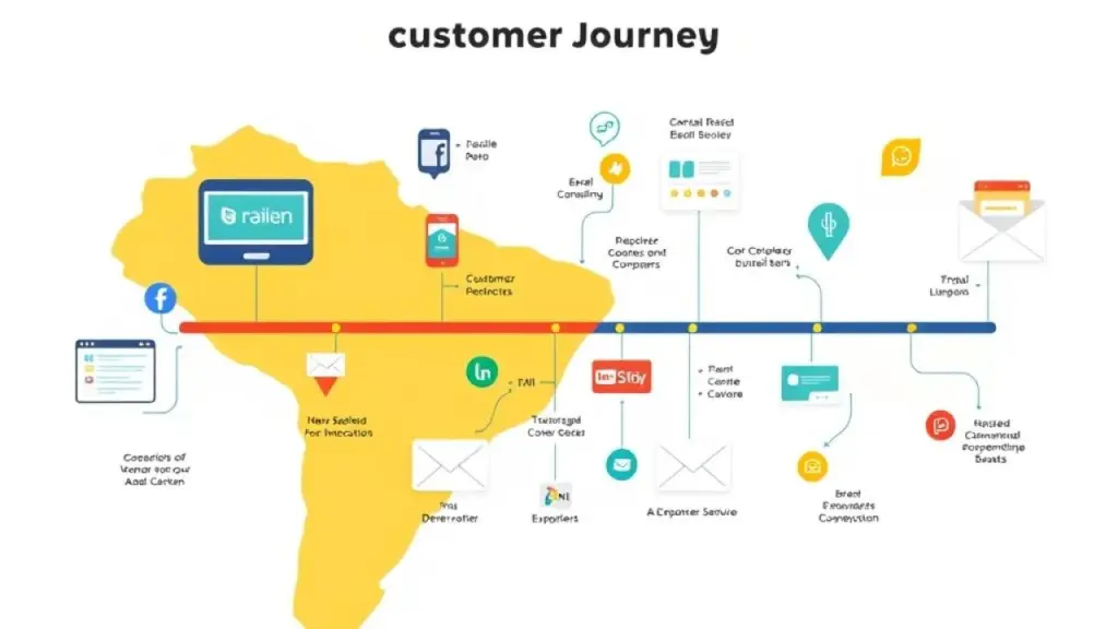 Ilustração da jornada do cliente, mostrando interações com uma empresa brasileira.