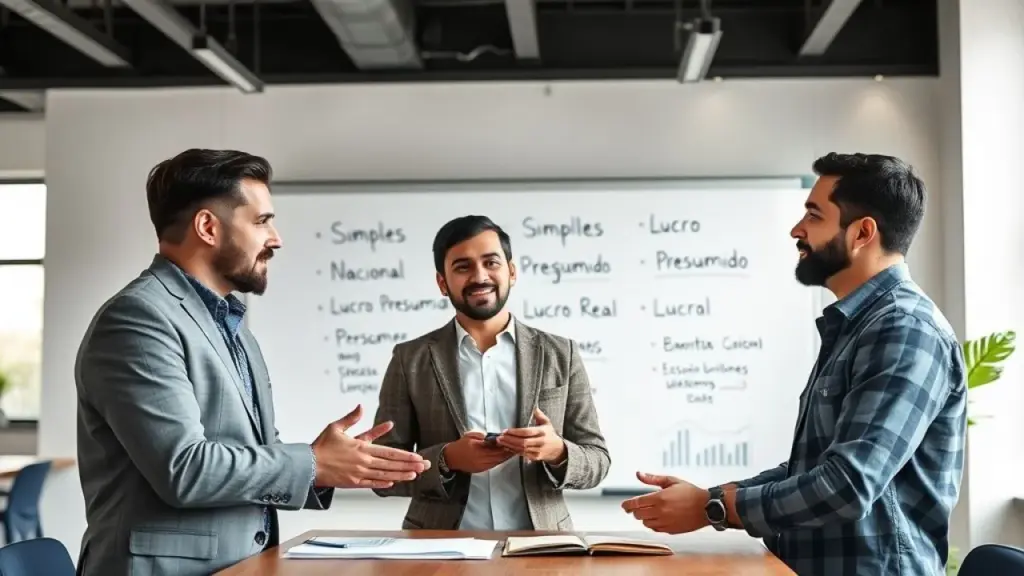 Sócios brasileiros discutem regimes tributários em espaço de coworking.