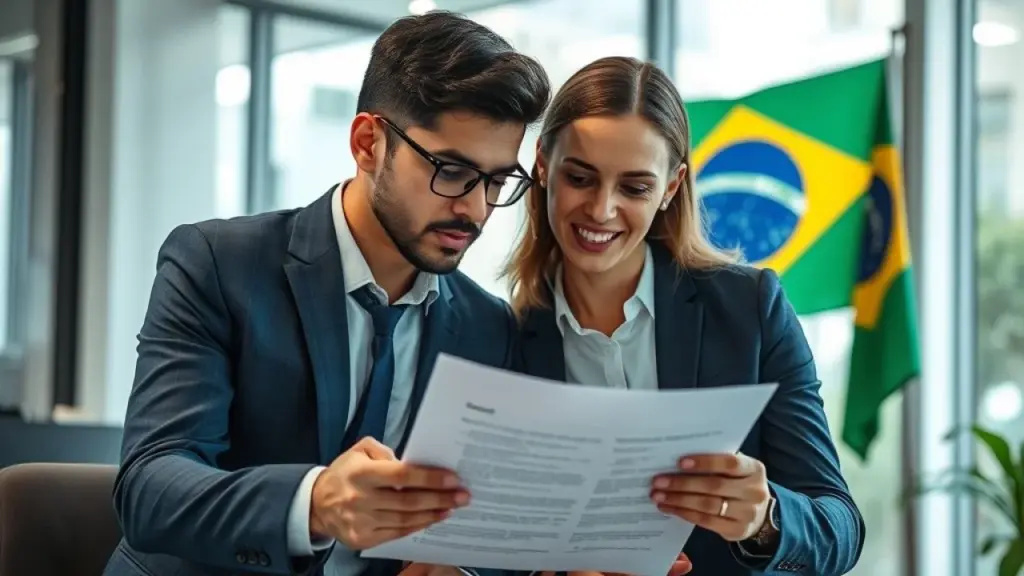 Sócios brasileiros revisando contrato social da empresa