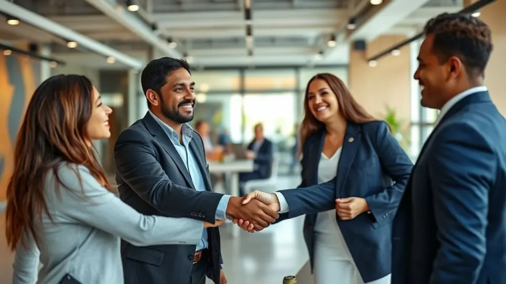 Profissionais brasileiros apertando as mãos após reunião de networking