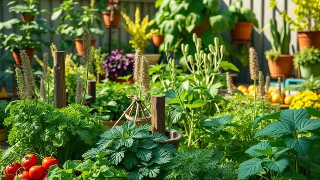 Horta caseira vibrante com ervas e vegetais diversos em quintal ensolarado.