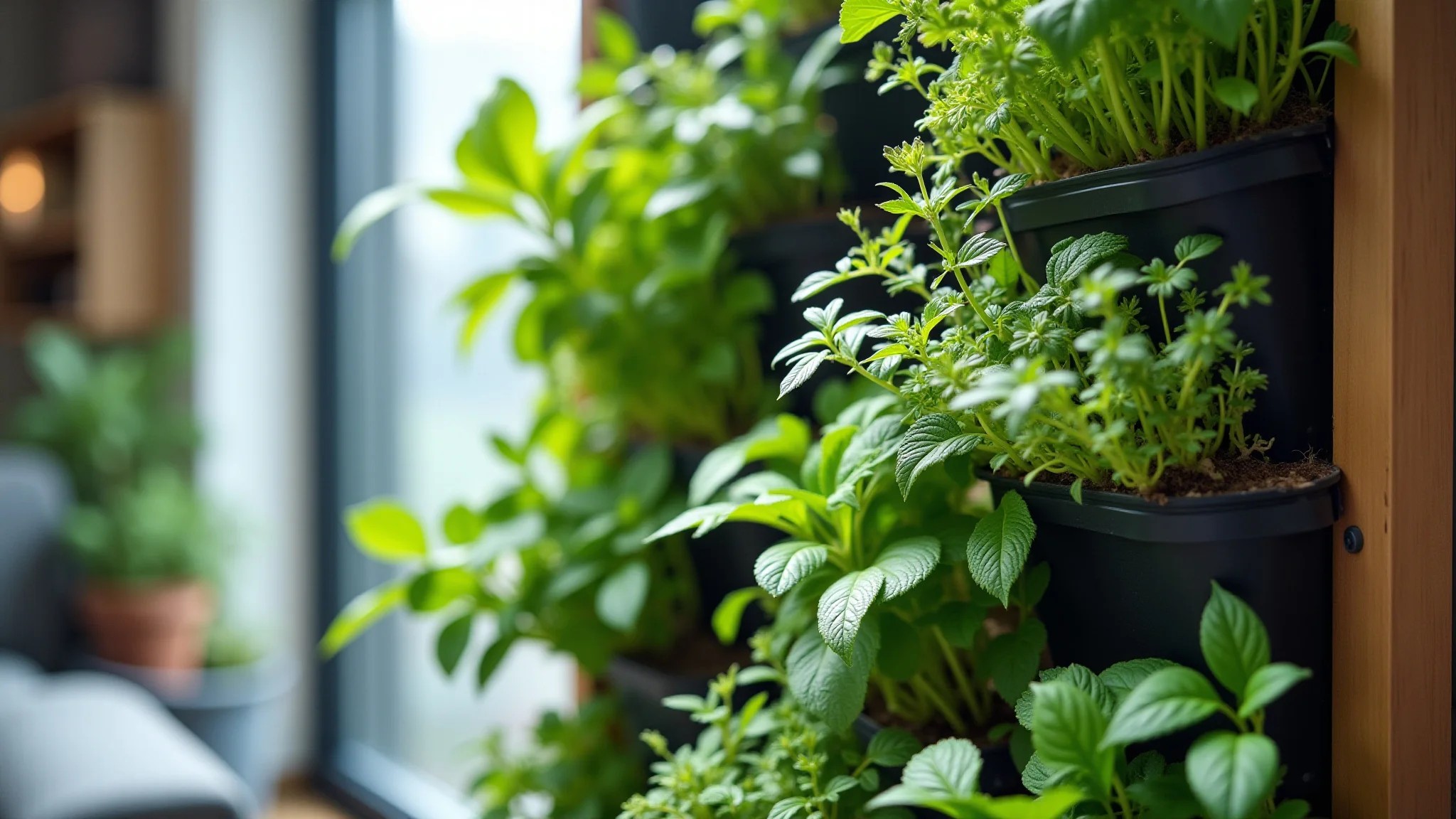 Jardim vertical em um apartamento moderno com diversas ervas e vegetais.