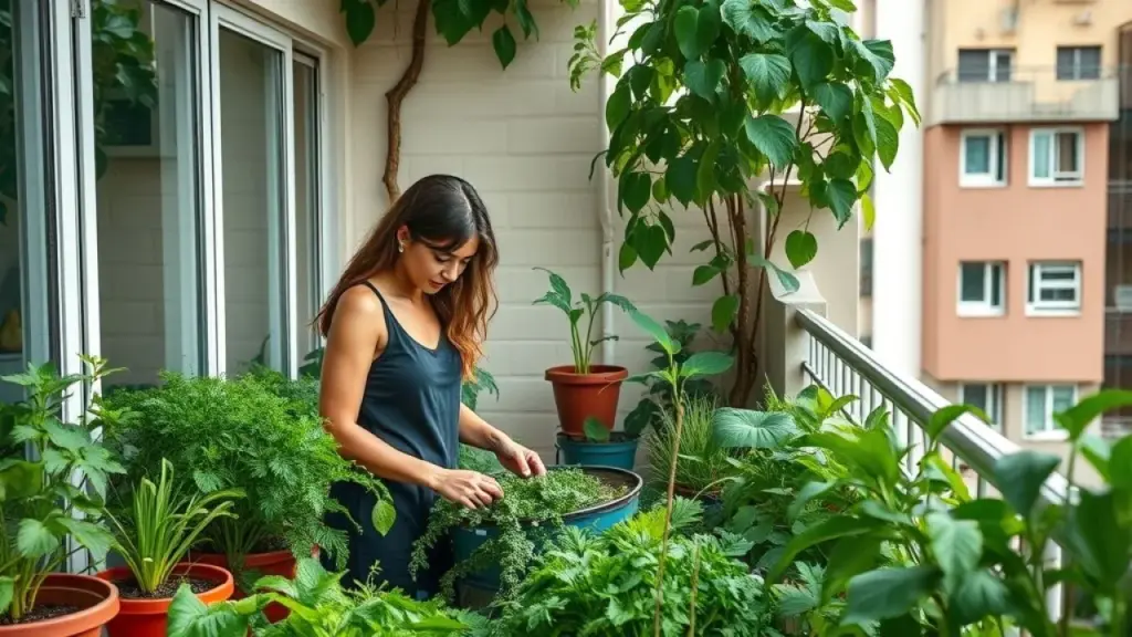 Varanda de apartamento vibrante com horta urbana e mulher cuidando das plantas.