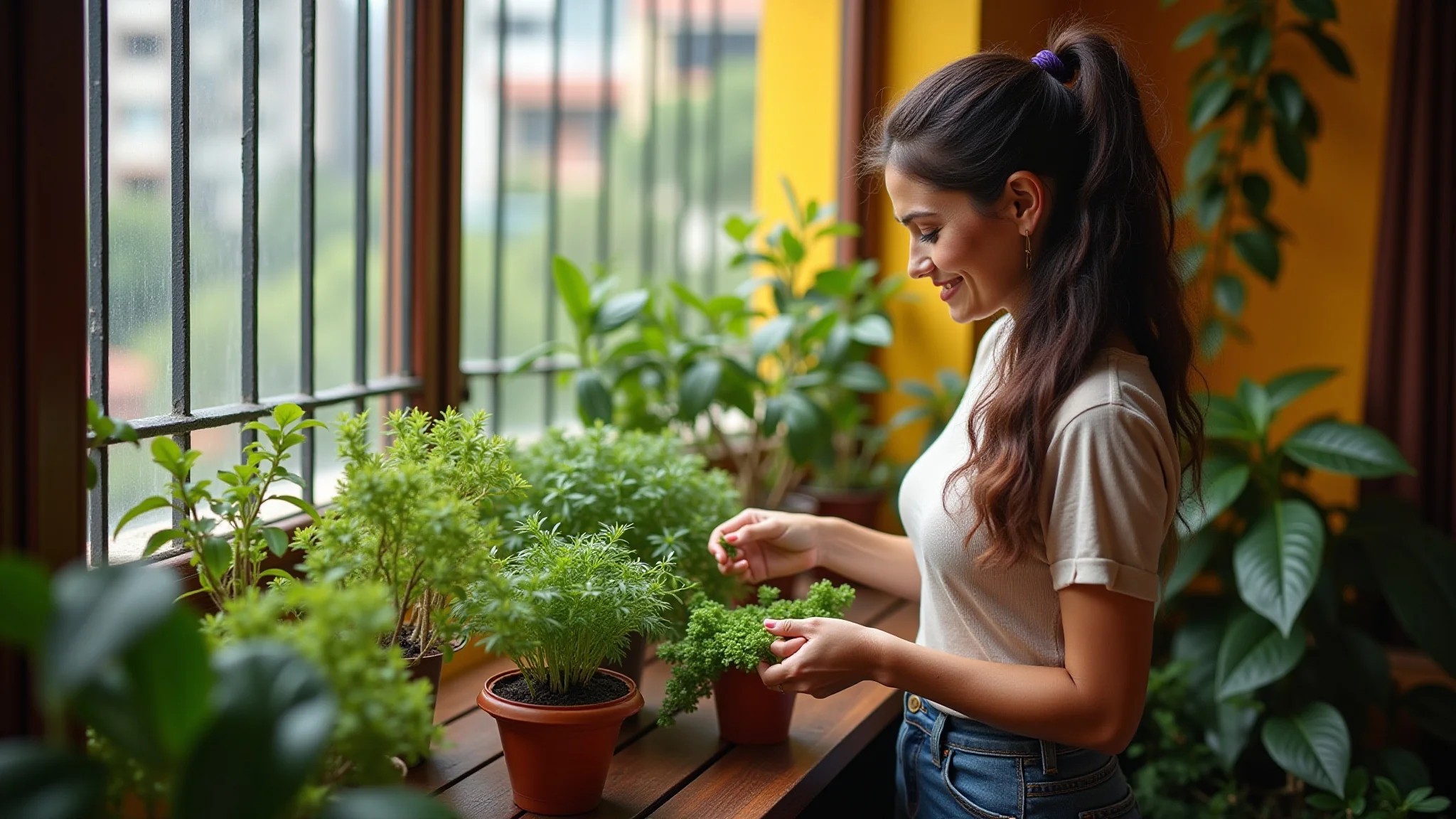 Varanda de apartamento vibrante com horta urbana exuberante e mulher cuidando das ervas.