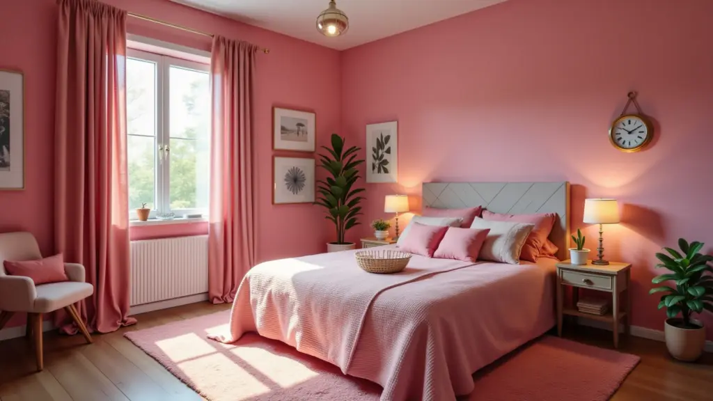 Quarto infantil rosa vibrante e aconchegante, estilo brasileiro, com luz natural.